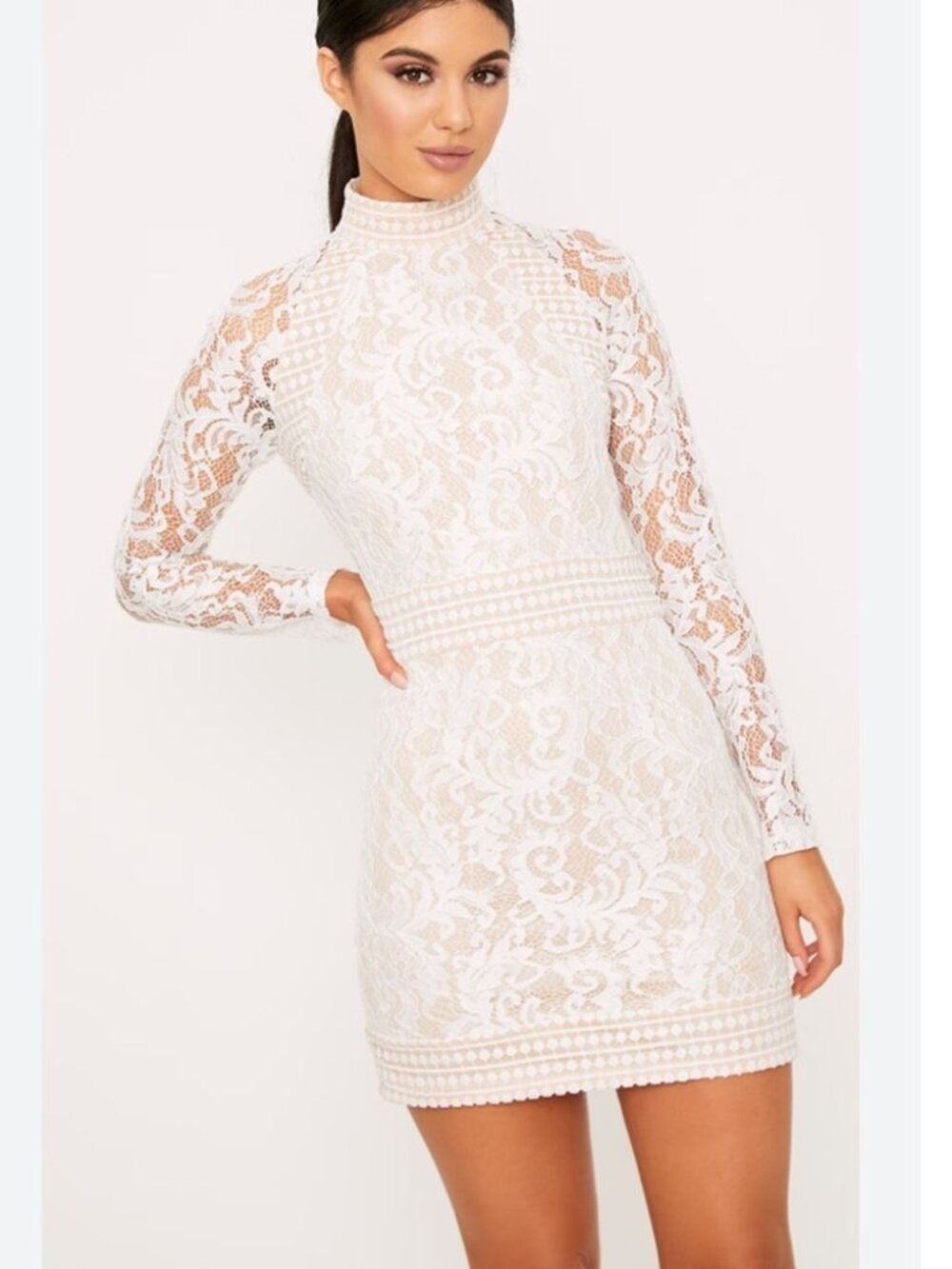 PrettyLittleThing White Lace High Neck Bodycon Mini Dress